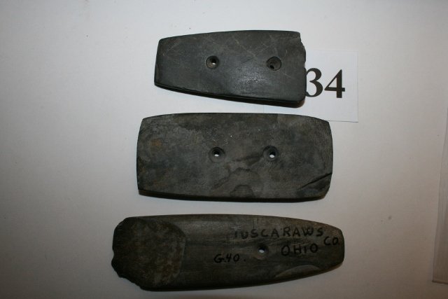 Three Slate Gorgets: Three Slate Gorgets from Ohio – all have damage – largest 4 ½” from the Tim Ponstingle Coll.