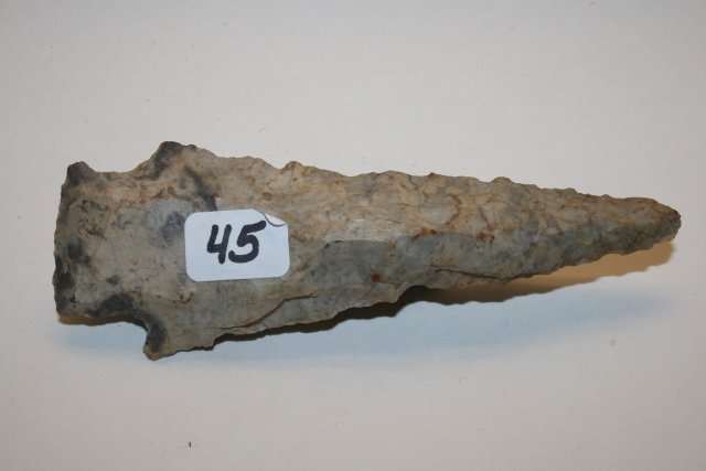Nethers Flint Ridge? Corner Notch: 4 ¾” Nethers Flint Ridge? Corner Notch with thick blade spear point from the Tim Ponstingle Coll.
