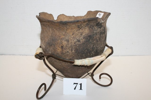 Iroquois Style Pottery Jar: 5 ½” x 6” Iroquois Style Pottery Jar, Flared Rim, large chips to rim from the Tim Ponstingle Coll.