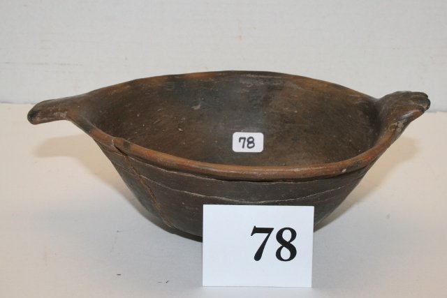 8 ¼” x 3” Effigy Bowl: 8 ¼” x 3” Effigy Bowl excavated 1930, mound, Garland Co. Ark. Reinforced crack ½ bowl line incised at top around bowl, flake missing bottom inside bowl – nice old specimen