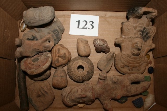 15 Misc. Sun Dried Mayan Style Heads: Lot consisting of 15 Misc. Sun Dried Mayan Style Heads, Figures, Bead and Spindle Whorl – largest 5 ¾”