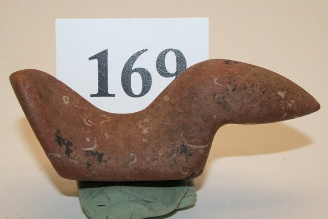 Birdstone: Sale Highlite! 3 ¾” Birdstone Flared Tail unusual pinkish hardstone material with many unusual inclusions, very finely made, possibly New York or Ontario, Ex. Macy Hallock Coll.