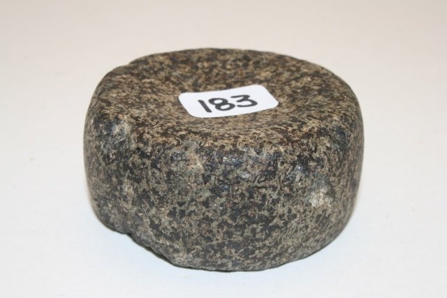 Double Cupped Granite Discoidal: 2 ¼” Double Cupped Granite Discoidal, Neaago Co. Michigan – Ex. Dennis Helmann Coll., few modern dings