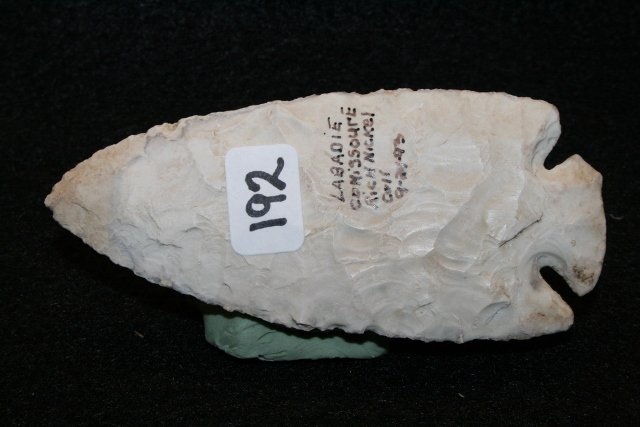 Burlington Chert? Dovetail Point: 3 7/8” Burlington Chert? Dovetail Point – ding to corner of base, thin