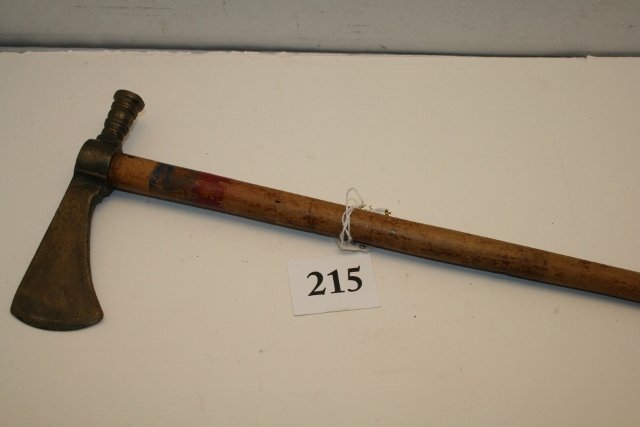 Brass Head Pole Axe: 17” x 6 ½” Brass Head Pole Axe, Pawnee Bill Wild West Show Prop, marked on head P.B. painted haft