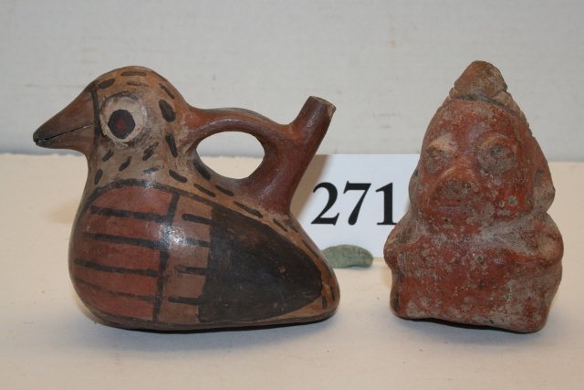 Effigy Duck Pottery Bottle: 2 Pcs. – 1 Polychrome Effigy Duck Pottery Bottle, 1 Inca Pottery Human Effigy Pendant, largest 4” x 3”