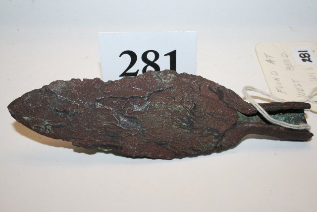 5 ¾” Copper Socket Spear: 5 ¾” Copper Socket Spear, West Bend Wisconsin – acquired from Frank Squire Ted Fowles of Greenbay, Wisconsin spent many years accumulating an extremely fine collection of old Copper Culture Artif