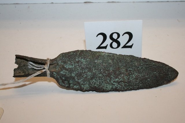 5 3/8” Copper Socket Spear: 5 3/8” Copper Socket Spear, acquired from Frank Squire Ted Fowles of Greenbay, Wisconsin spent many years accumulating an extremely fine collection of old Copper Culture Artifacts. The Bulk of the i