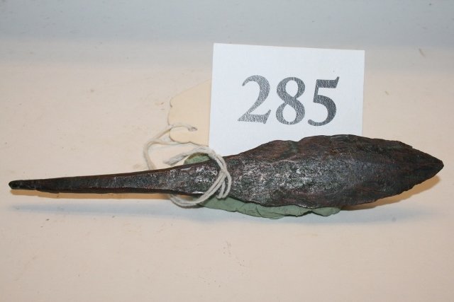 Copper Rat Tail Spear: 5 ½” Copper Rat Tail Spear, Portage Co. Wisconsin Ted Fowles of Greenbay, Wisconsin spent many years accumulating an extremely fine collection of old Copper Culture Artifacts. The Bulk of the items