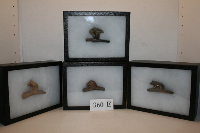 Hopewell Pipestone Effigy Platform Pipes: 4 Contemporary Hopewell Pipestone Effigy Platform Pipes, animal effigys, individual cased marked Michigan, Ohio, Ind., Ill.