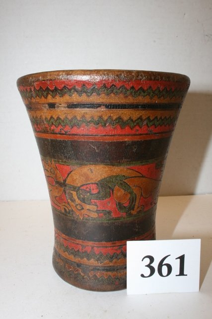 4 5/8” x 5 ½” Kera Inca: 4 5/8” x 5 ½” Kera Inca, 1470 – 1532 AD, Wood Polychrome has been coated with varnish, repair on inside bottom, fantastic artwork depictions of canines encircling vessel