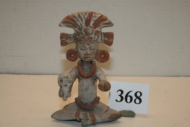 Polychrome Seated Male Figure: 3 3/8” x 5 1/8” Polychrome Seated Male Figure, Fantastic Condition, Huasteca from the Oppenheim – Cranfill Coll.