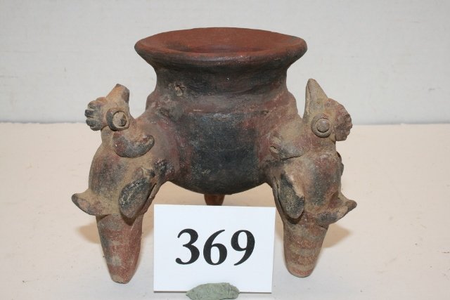 Tripod Bird Legs Pottery Bowl: 4 5/8” x 4” Tripod Bird Legs Pottery Bowl, Deep Purple Paint, some repair, Costa Rica, Nice! from the Oppenheim – Cranfill Coll.
