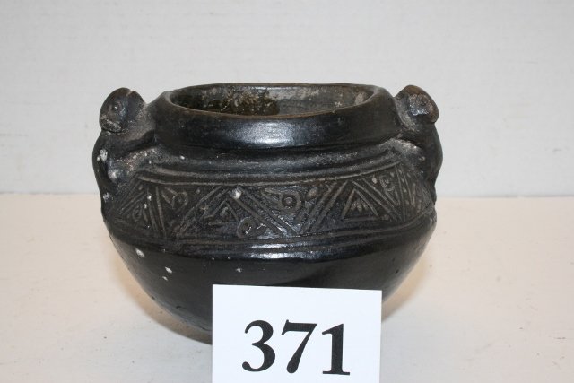 Blackware Bowl: 4 ¾” x 3 ¼” Blackware Bowl, 2 animals on rim, some restoration, Ecuador, incised Panels from the Oppenheim – Cranfill Coll.