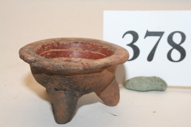 Miniature Tripod Bowl: 1 7/8” x 1” Miniature Tripod Bowl, lite repair, Mexico from the Oppenheim – Cranfill Coll.