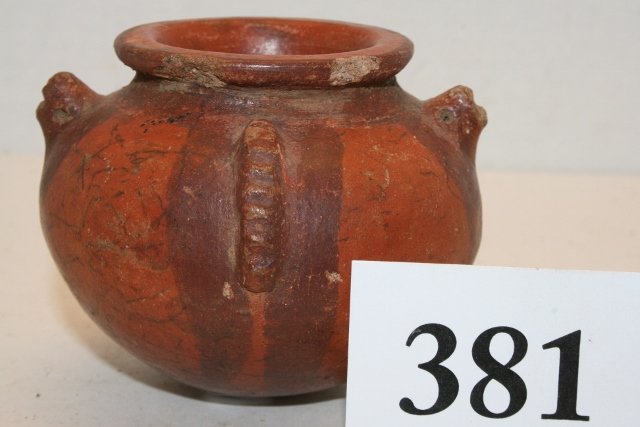 Redware Bowl Decorated: 3 3/8” x 2 3/8” Redware Bowl Decorated with vertical bands from the Oppenheim – Cranfill Coll.