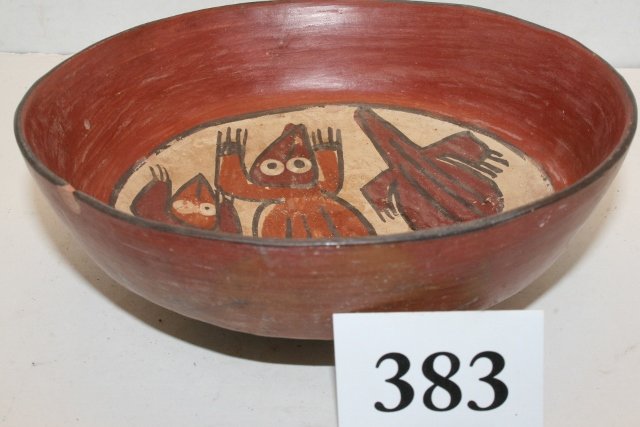 Polychrome Bowl: 7 ¼” x 2 ¼” Polychrome Bowl with 3 alligators painted inside Nazca, Peru from the Oppenheim – Cranfill Coll.
