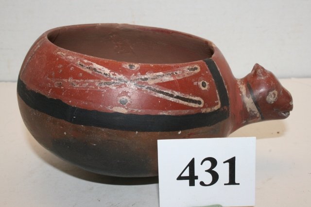 Polychrome Zoomorphic Effigy Pottery Bowl: 6 7/8” x 3” Polychrome Zoomorphic Effigy Pottery Bowl, Restored from the Oppenheim – Cranfill Coll.