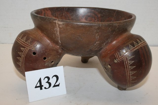 Tripod Rattle Feet Polychrome Bowl: 7 ¼” x 4” Tripod Rattle Feet Polychrome Bowl Costa Rica – Nice! Broken & Glued, some restoration from the Oppenheim – Cranfill Coll.