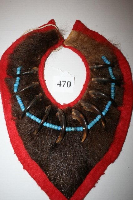 Bear Claw Necklace: Bear Claw Necklace, 10 Large Old Grizzly Bear Claws Knuckles Removed, strung with padre trade beads, bear hide and red trade cloth