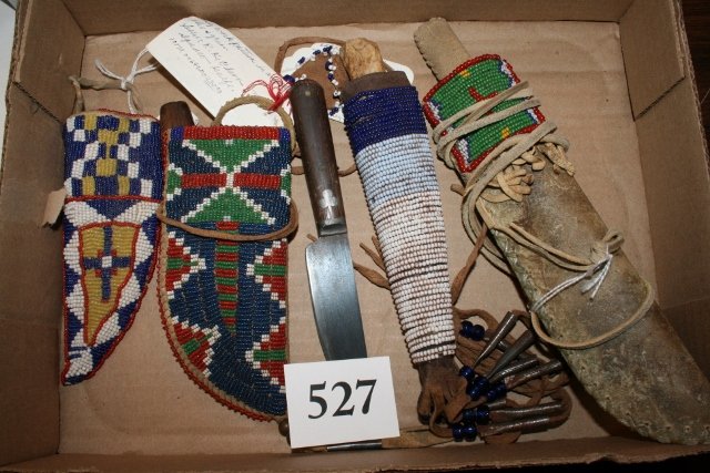 3 Sheaths with knives: Lot consisting of 3 Sheaths with knives and 1 awl case with bone awl, contemporary sheath only 8” plus knife