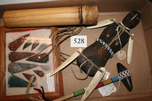 11 Cont Arrow Point: Lot consisting of 11 Colorful Contemporary Arrow Point, Wood Container with 5 wood & bone awls, childs beaded tomahawk, North West Coast Carved Wood Figure with bone appendages, nice lot