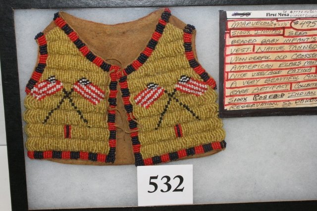 Patriotic Seed Beaded Infants Vest: 5 ½” x 7” Beaded Front Side Only, Patriotic Seed Beaded Infants Vest, Sioux, Collected Rosebud Reservation, South Dakota, Nice!