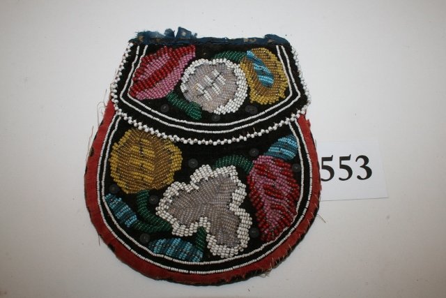 Beaded Two Sides, Mohawk bag: 5 ½” x 6 ½” Beaded Two Sides, Mohawk bag, velvet missing, damaged, beadwork – fine 1870’s