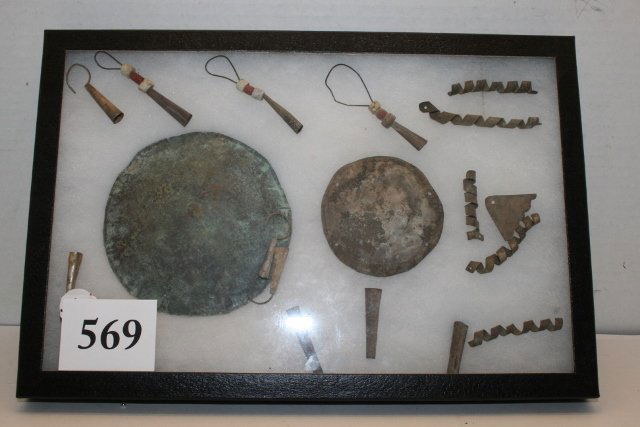 Creek Indian Trade Material: 8 x 12 Frame Creek Indian Trade Material consisting of cones, ear dangles and gorgets