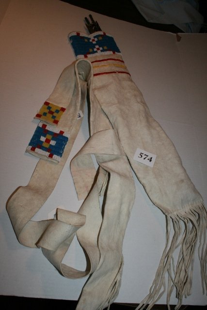 Bow and Arrow Quiver: 24” Long Bow and Arrow Quiver with 3 nicely made obsidian pointed arrows white deer hide bead decorated has Christies Sale Label also