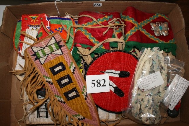 7 Beaded Bags: 7 Beaded Bags – Purses, Pair Beaded Arm Bands, Beaded Cigarette Case, Beaded Fringed Arm Bands, 4 Misc. Beaded items and a beaded fringed knife sheath, nice lot