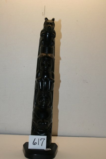 Resin Totem Pole: 16” Tall cast Resin Totem Pole, North West Coast, signed “Boma” Canada, some surface cracks