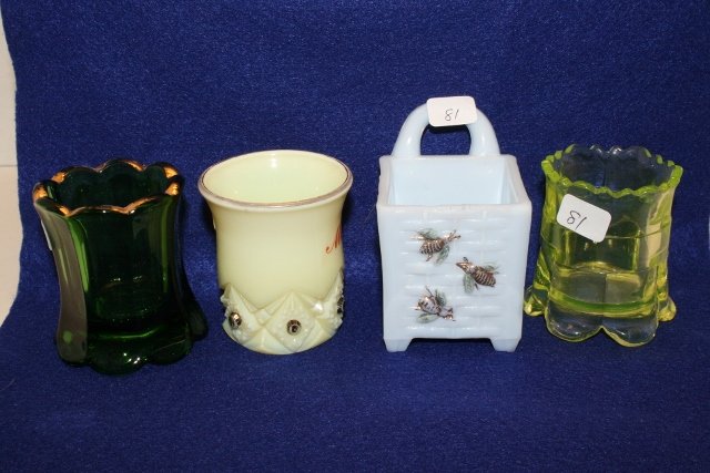 (4) Toothpick holders: (4) T. P. Bees on Basket – Emerald Green Fluted- Vaseline – Custard Arches