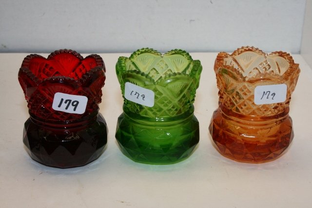 3 Toothpick Holders: 3 Westmorland – Amber – Green – Ruby Toothpick Holders