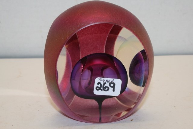 Phil Emm? 1992 Amethyst Paper Weight: Signed Phil Emm? 1992 Amethyst Paper Weight – Mushroom Décor inside – crackle to clear outside