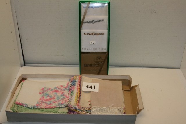 Approx. 20 Ladies Handkerchiefs: Approx. 20 Ladies Handkerchiefs with embroidery & 3 mens handkerchiefs in original box