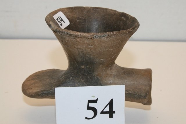 Bowl Dia. Pottery Pipe: 4 ¼” x 2 ½” x 2 7/8” Bowl Dia. Pottery Pipe probably from Fowler Mound Site, Arkansas 1937 Engelder - Bell Coll.