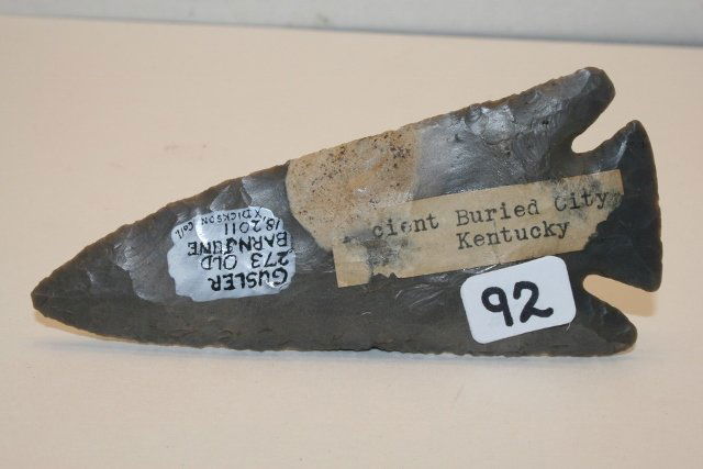 Lost Lake Hornstone with Bulls Eye Point: 4 5/8” Lost Lake Hornstone with Bulls Eye Point – Ex. Dickson Coll. Old Tag reads Ancient Buried City, Kentucky, Nice! Wallace Gusler Coll.
