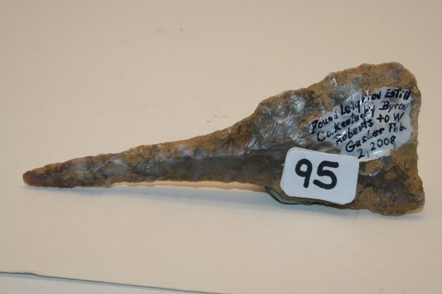 Grey, White, Lt Blue Chert Drill: 4 1/8” Grey, White, Lt Blue Chert Drill, Leighton Estill Co., Kentucky – found in dirt driveway, broken & glued Wallace Gusler Coll.