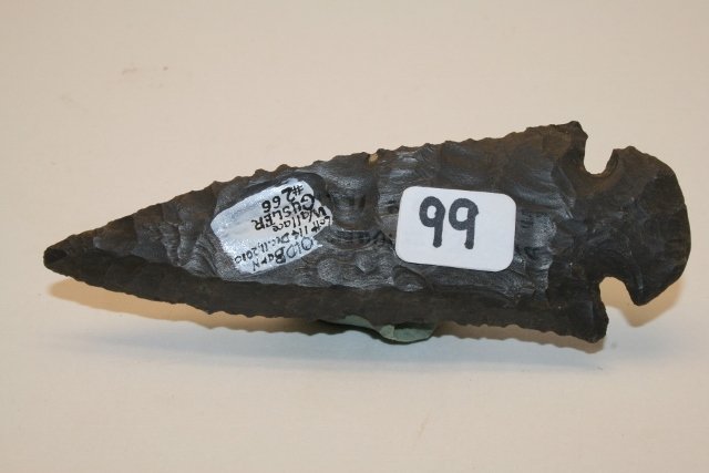 Dovetail Point Dover Chert: 4 ¼” Dovetail Point Dover Chert, Dickson Mound, Fulton Co. Ill., Ex. Terry Allen Coll. Motley C.O.A. Wallace Gusler Coll.