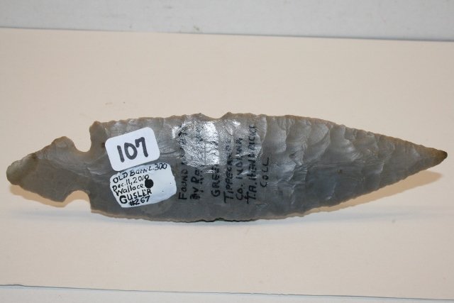 Hornstone Turkey Tail Point: 6 ¾” Hornstone Turkey Tail Point, found 1893 by Ray Baker Green Oak, Tippicanoe Co. Ind. T.A. Hendricks Coll. Dickey C.O.A. Wallace Gusler Coll.