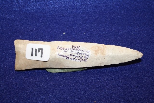 Allen Transition Paleo: 4 1/8” Allen Transition Paleo, Great Ribbon Flaking Dorsal Ridge on both sides of point, southeast Wyoming, very fine – Ex. Zeschke Coll.
