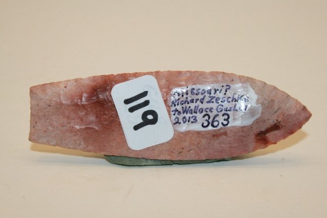 Agate Basin Point: 3 1/16” Agate Basin Point, Pink, Red Chert, one side fluted Tenn. or Mo. Ex. Zeschke Coll. Wallace Gusler Coll.