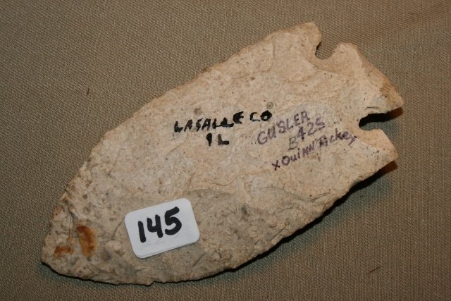 Fossil Chert Smith Point - GOT BROKE DURING PREVIEW: 4 3/8” Fossil Chert Smith Point – LaSalle Co. Ill. Ex. Quinn Fickey Coll. Jackson and Rogers C.O.A.’s Wallace Gusler Coll. - (DAMAGED) This point has been damaged while on display this week. The
