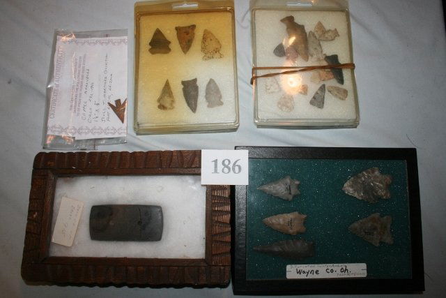 25 Flint Points: Box Lot containing 25 Flint Points – various states, a broken slate gorget, Darke Co. Ohio, Metal Point, Arizona