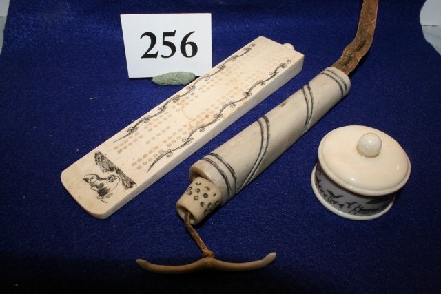 3 Contemporary Ivory Items- NO SHIPPING OUT OF COUNTRY: 3 Contemporary Ivory Items: Carved Needle Case with acces., lidded box, small ivory cribbage board, largest item 6 ¼” x 1 ½” no shipping out of country