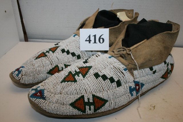 Pair Crow Beaded Man’s Moccasins: Pair Crow Beaded Man’s Moccasins – some bead loss, one moccasin