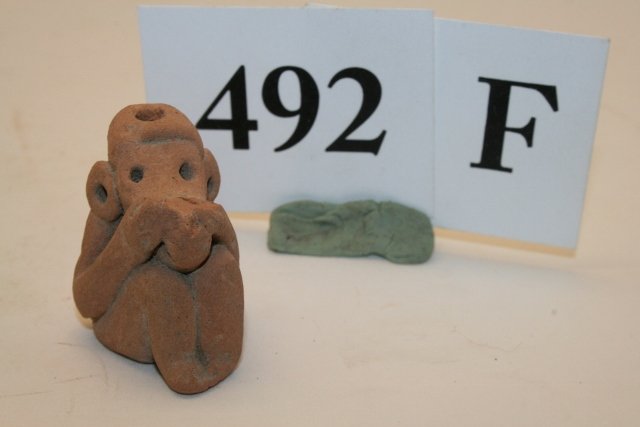 Pottery Pendant, Man: 1 ½” Pottery Pendant, Man –monkey blowing whistle, 60 miles from Tamico, Vera Cruz Border on Panuco River