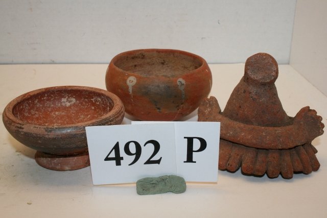 Mayan Pottery Crown off of Figure: Mayan Pottery Crown off of Figure, 2 7/8” x 3 5/8”, 3 1/8”, 1 ¾” Bowl, Colima Mexico, 3” x 1 ½” Colima Bowl, Mexico