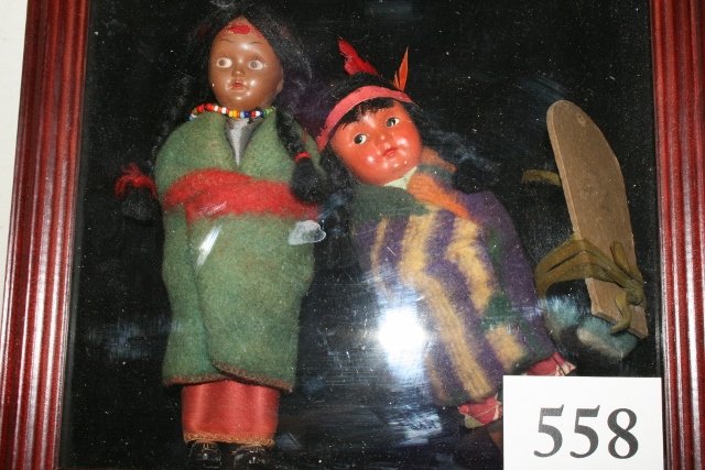 Shadow Box with 3 Skokum Dolls: 9 x 9 Shadow Box with 3 Skokum Dolls, largest 6 ½” 1930’s